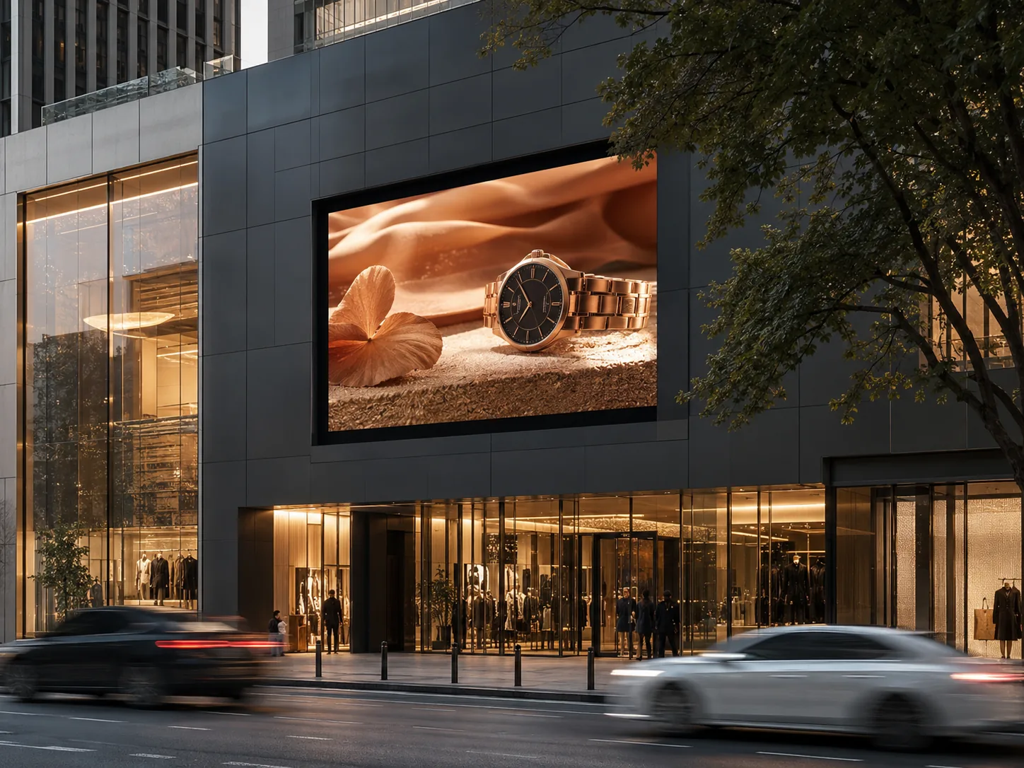 Pantalla LED exterior integrada a una fachada comercial